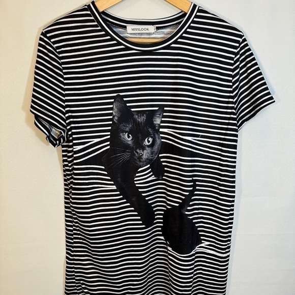 MISSLOOK Crazy Cat Lady Stripe Cat Print Short Sleeve Boho T Shirt Blouse Size L - Picture 1 of 9